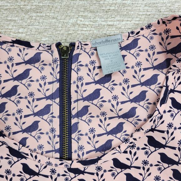 Charlotte Russe Bird Top Womens Small Pink Blue Pleated Back Zipper Round Neck - Picture 8 of 13